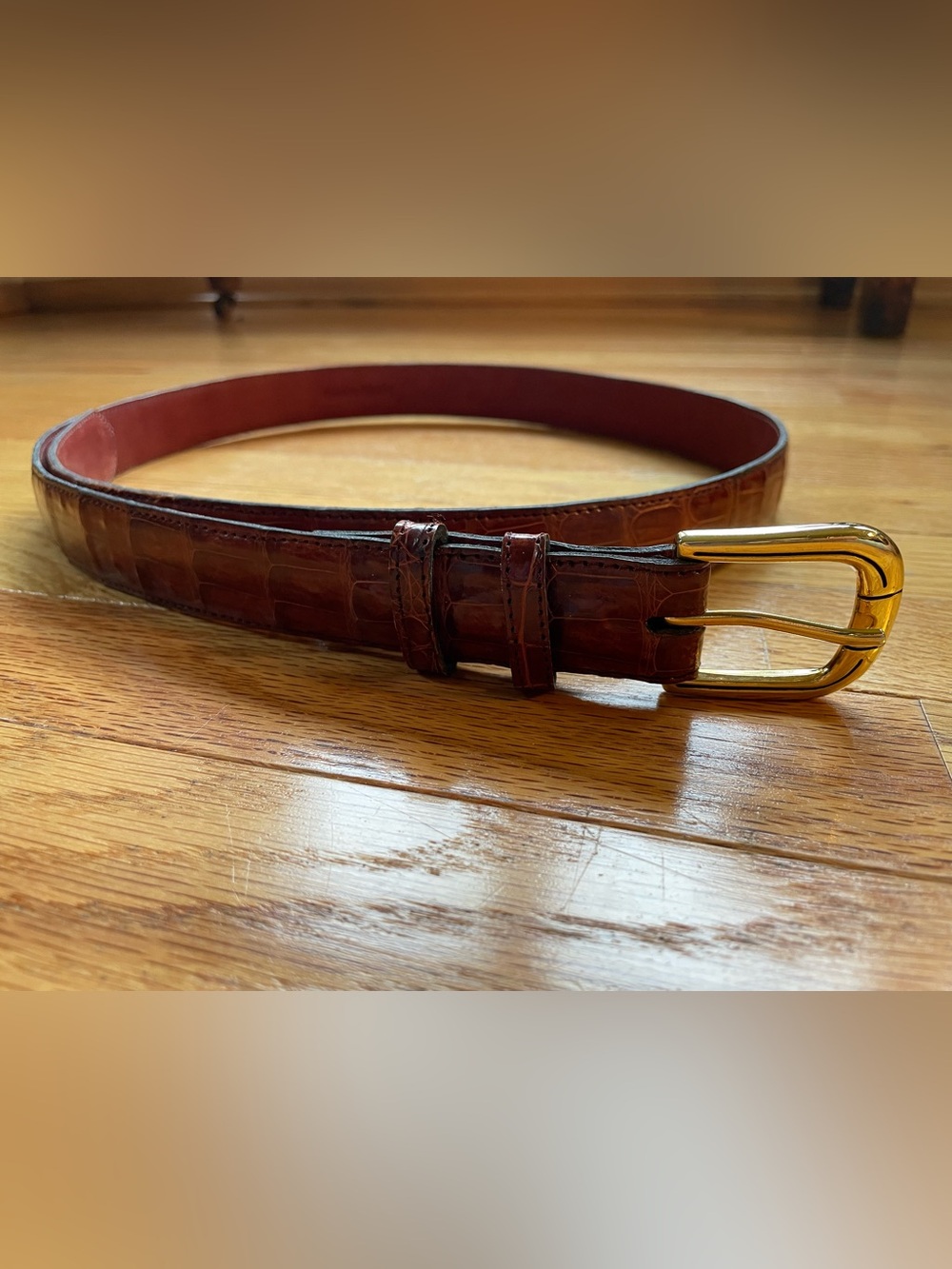 Cognac/Brown Genuine Alligator Leather Belt with Brass Buckle